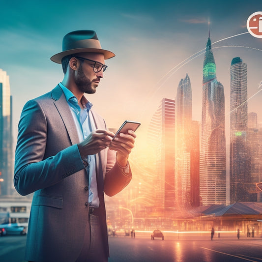 An illustration of a merchant standing in front of a cityscape at sunset, with a smartphone in hand, surrounded by swirling digital icons and arrows, bridging a gap between a traditional storefront and a modern online marketplace.