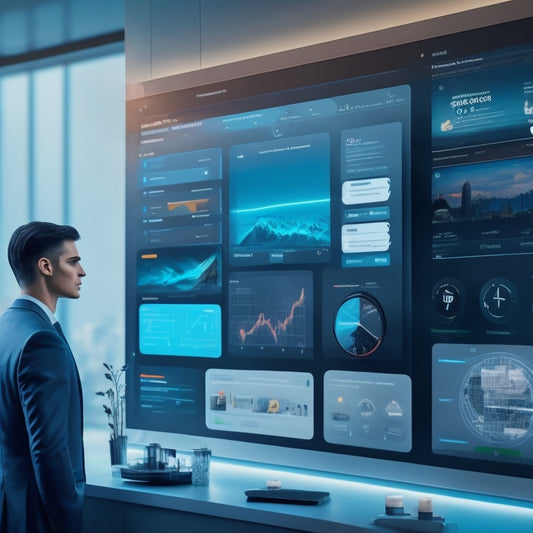 A futuristic, sleek, and modern illustration of a digital marketplace on a large screen, with various icons, graphs, and charts showcasing features like user profiles, product listings, and payment gateways.