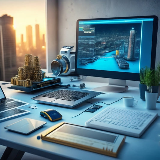 A futuristic, sleek, and modern minimalist illustration featuring a merchant's desk with a laptop, tablet, and smartphone, surrounded by tiny gears, cogs, and puzzle pieces, with a subtle cityscape background.