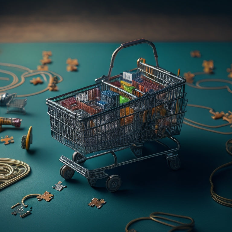 A maze of tangled wires and broken gears consuming a miniature e-commerce website, surrounded by scattered puzzle pieces and a faint, fading shopping cart icon in the background.