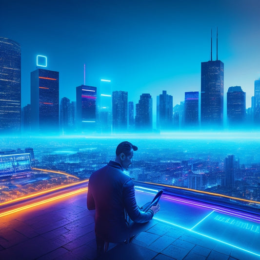 A futuristic, minimalist illustration featuring a merchant surrounded by laptops, tablets, and smartphones, with glowing screens displaying ecommerce metrics, amidst a cityscape with neon lights and blurred skyscrapers.