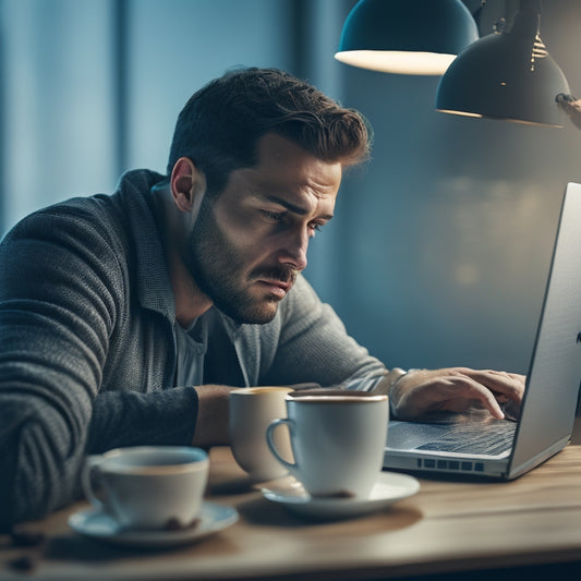 A frustrated person sitting in front of a laptop with a distorted, glitching browser window on the screen, surrounded by scattered papers and coffee cups, with a subtle hint of digital noise in the background.