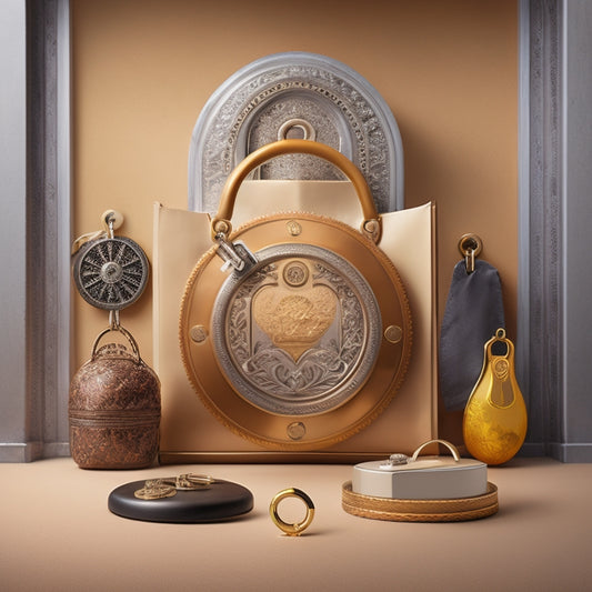 A minimalist, modern online store background with a large, ornate keyhole in the center, surrounded by various e-commerce icons and symbols, such as shopping bags, locks, and gears.