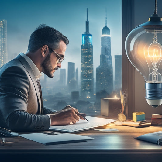 An illustration of a merchant standing in front of a laptop, surrounded by scattered papers and broken pencils, with a thought bubble containing a lightbulb moment, and a subtle cityscape in the background.