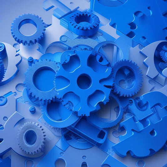 A stylized illustration of a puzzle with interconnected gears, cogs, and blocks in shades of blue and white, seamlessly fitting together to form a cohesive whole, symbolizing smooth digital product delivery.