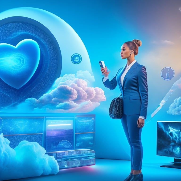 An illustration of a futuristic online marketplace with a stylized virtual assistant avatar in the center, surrounded by swirling digital clouds, robots, and ascending sales graphs.