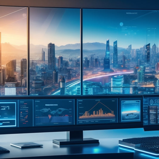 A futuristic, high-tech illustration of a merchant's dashboard, with various screens displaying payment processing graphs, online shopping icons, and a cityscape in the background, symbolizing global transactions.