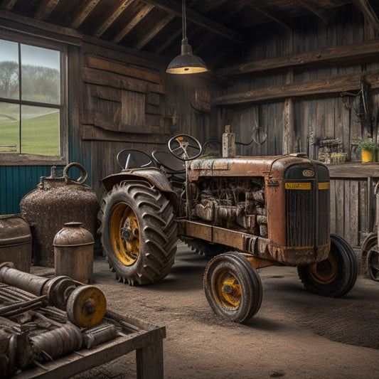 A rusty old tractor in a cluttered farm shed, surrounded by tools and parts, with a worn-out manual lying open on the workbench, contrasted with a sleek, well-maintained tractor in a clean, organized garage.