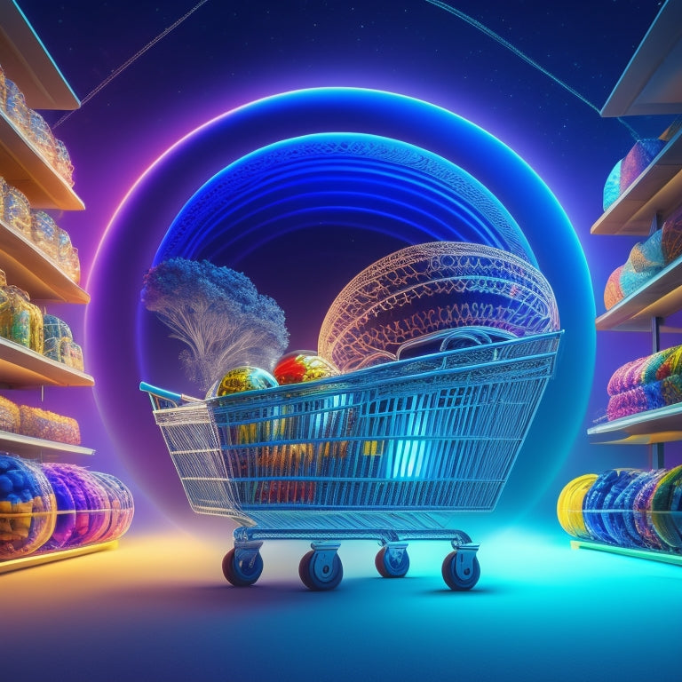 A stylized, futuristic illustration of a shopping cart bursting out of a traditional storefront, surrounded by swirling lines and shapes, transitioning into a digital landscape with glowing circuits and orbiting spheres.