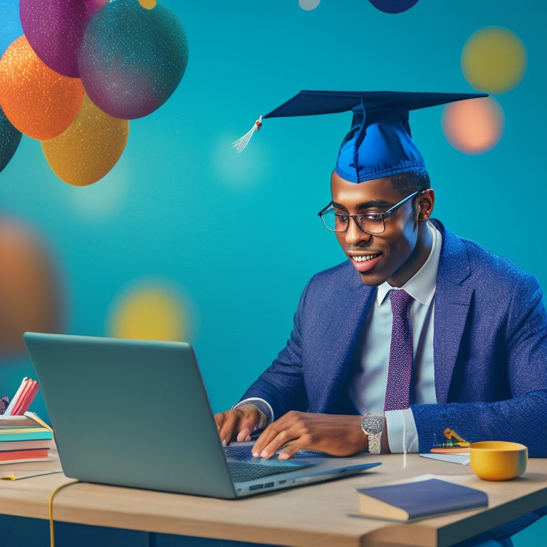 An illustration of a person sitting in front of a laptop, surrounded by opened notebooks and pens, with a subtle background of a graduation cap and confetti, conveying a sense of accomplishment.