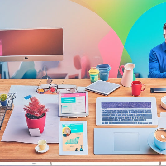 An illustration of a growing ecommerce graph with freelancers in the background, surrounded by laptops, coffee cups, and creative workspace elements, all in a vibrant and uplifting color scheme.