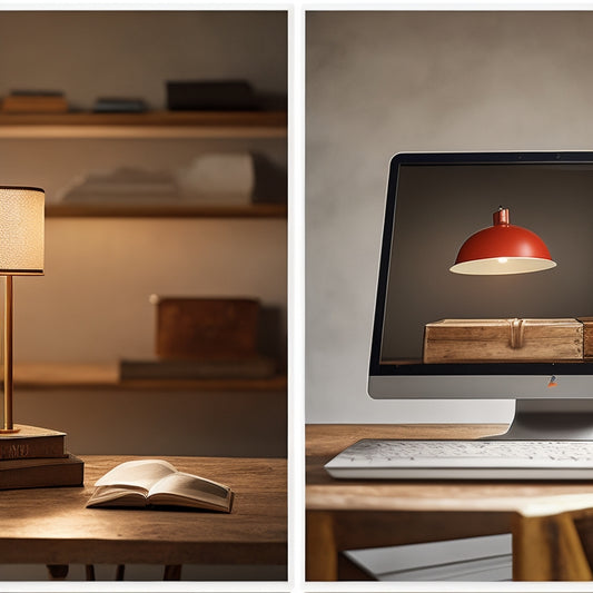 A split-screen image featuring a Shopify storefront on a laptop screen on the left, and a stack of colorful ebooks with a reading lamp and glasses on the right, set against a minimalist background.