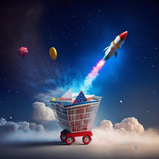 A stylized illustration of a rocket ship blasting off into the clouds, with a shopping cart and Google logo incorporated into the design, surrounded by confetti and celebratory stars.