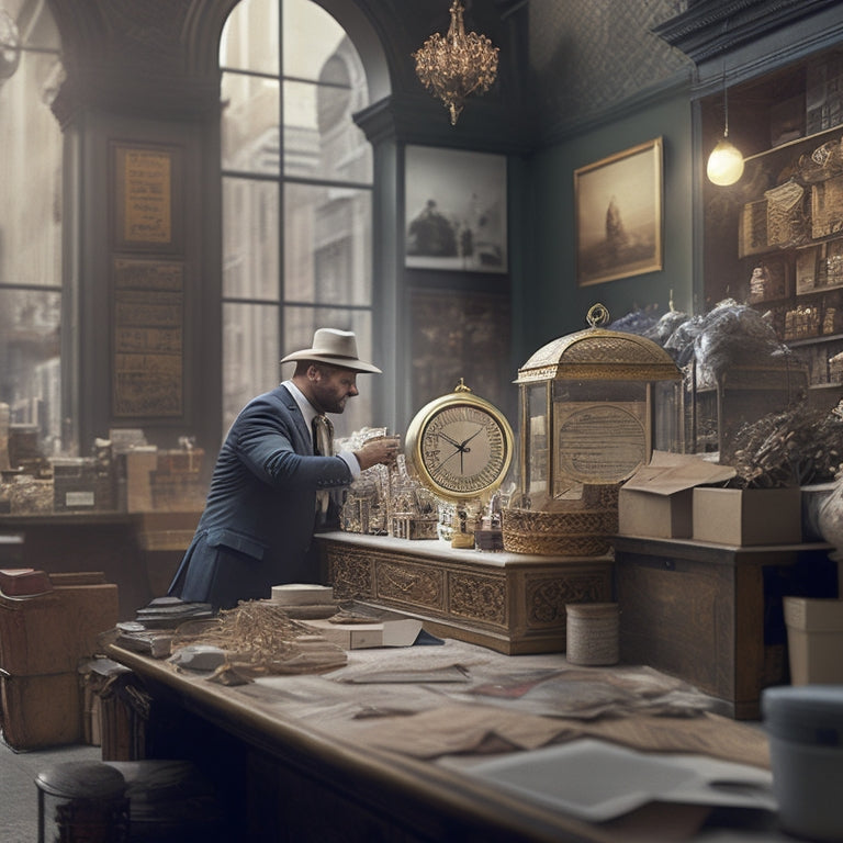 An illustration of a busy storefront with a merchant in the background, surrounded by clutter and paperwork, contrasted with a tidy and organized digital workspace in the foreground, with a clock and coins integrated into the design.