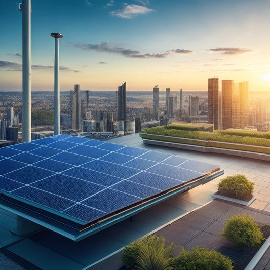 A futuristic, sleek rooftop with solar panels and lush greenery, surrounded by city skyscrapers, with a subtle, glowing blue line connecting various roofing supplies, forming a network of innovation.