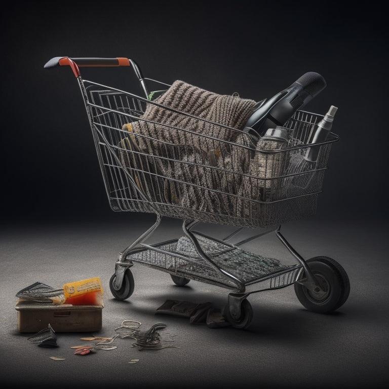 A broken shopping cart with torn fabric and cracked wheels, surrounded by scattered products and tangled wires, set against a dark gray background with faint lines resembling a malfunctioning circuit board.