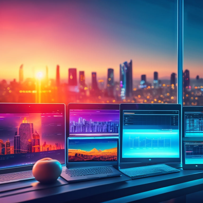 A futuristic ecommerce dashboard with colorful graphs and charts rising upwards, surrounded by laptops, tablets, and smartphones, with a subtle background of a cityscape at sunset.