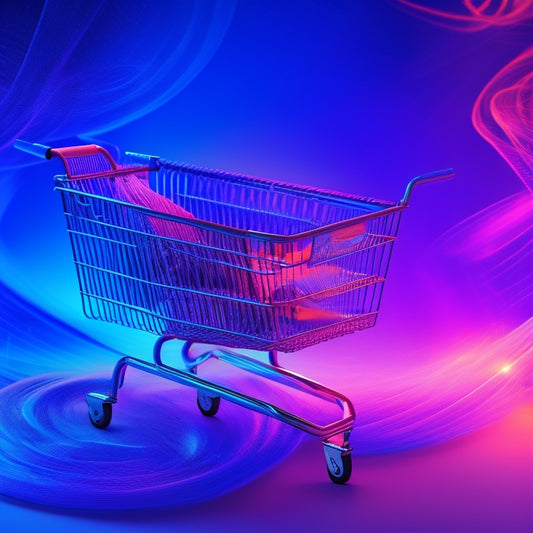 A puzzle piece fitting into a shopping cart, surrounded by swirling threads of code, with a subtle Magento logo in the background, set against a gradient of blue and purple hues.