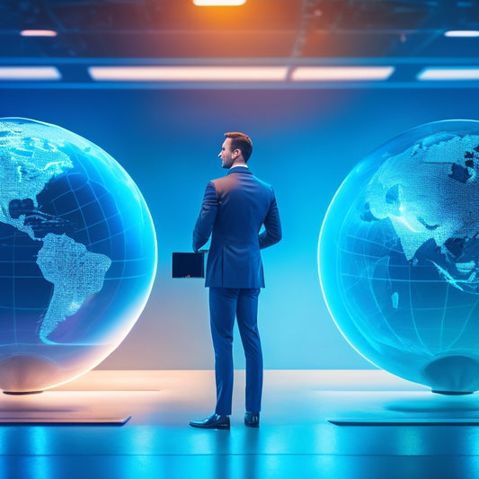 A futuristic, minimalist illustration of a business person standing in front of a large, glowing globe, surrounded by orbiting laptops and tablets with screens displaying interactive learning modules.