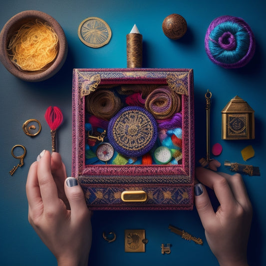A stylized, minimalist illustration of a hand holding a small, ornate key, unlocking a vintage-inspired, ornamental box overflowing with colorful, swirling threads and yarns, surrounded by scattered paper scraps and pencils.