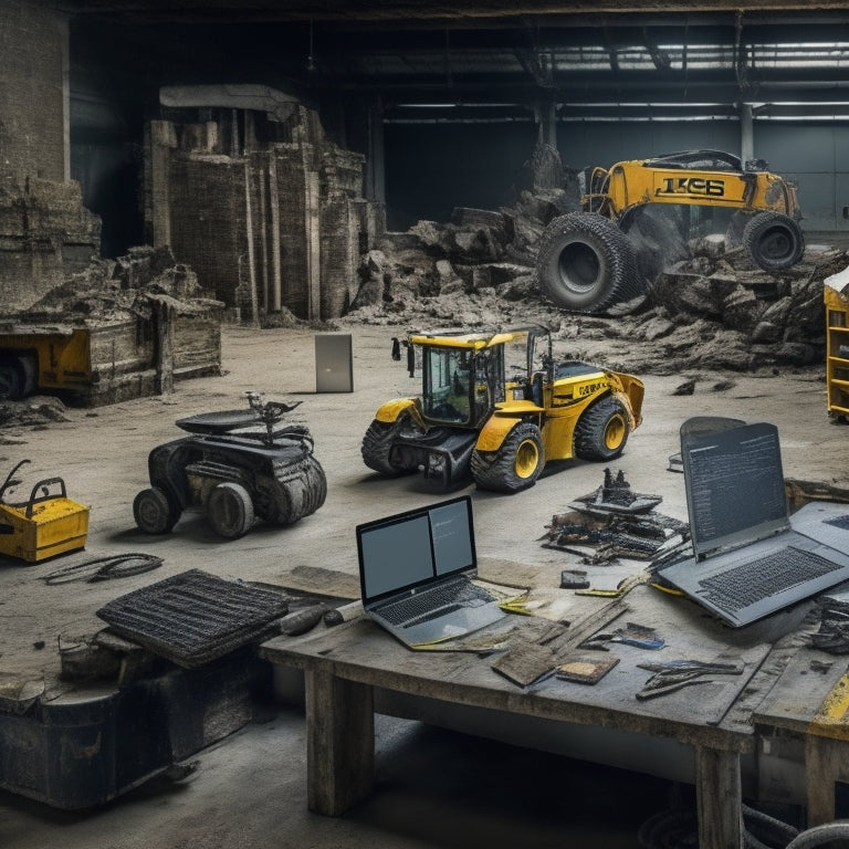 A clutter-free workshop background with a JCB machine in the center, surrounded by open laptops and tablets displaying digital manuals, with various tools and parts scattered around.