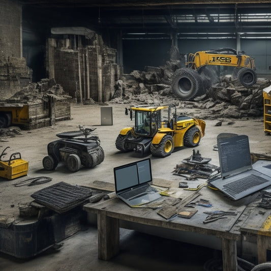 A clutter-free workshop background with a JCB machine in the center, surrounded by open laptops and tablets displaying digital manuals, with various tools and parts scattered around.