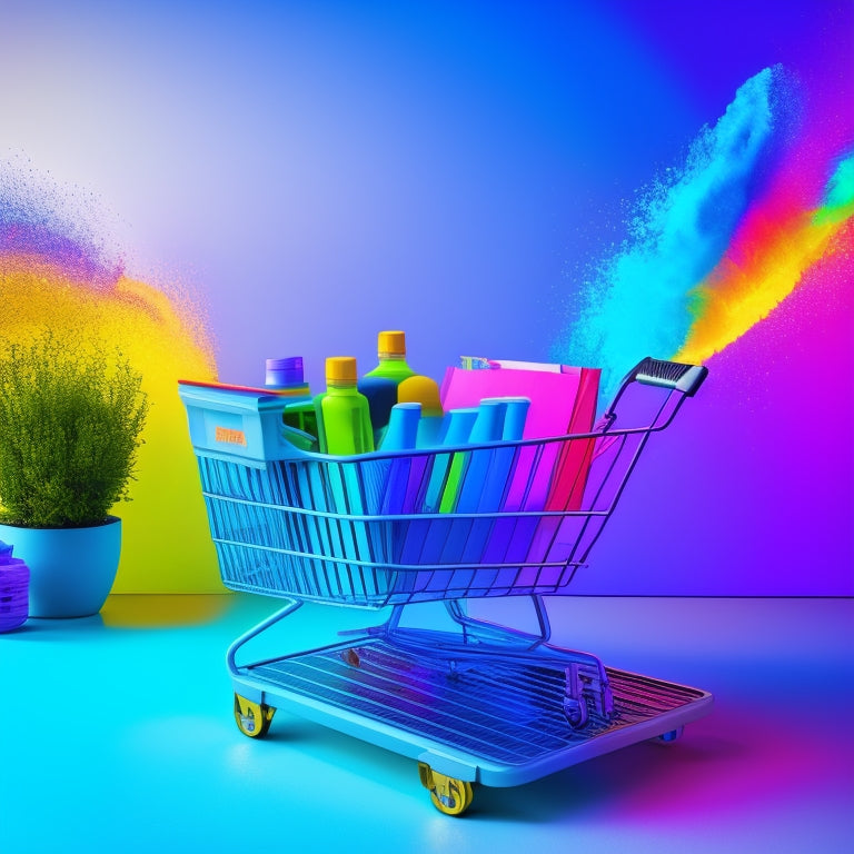 A stylized illustration of a laptop with a shopping cart overflowing with colorful ink bottles, surrounded by upward-trending graphs and rising bars, set against a bright, gradient blue background.
