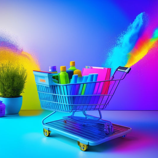 A stylized illustration of a laptop with a shopping cart overflowing with colorful ink bottles, surrounded by upward-trending graphs and rising bars, set against a bright, gradient blue background.
