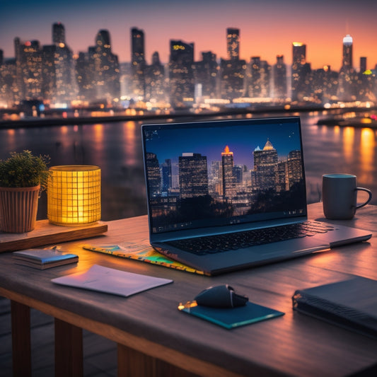 A bright, modern laptop on a minimalist desk, surrounded by colorful sticky notes and a few scattered books, with a subtle background of a cityscape at dusk, conveying speed and productivity.