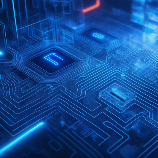 A futuristic, abstract illustration depicting a maze with glowing blue lines and circuits, surrounded by mini icons of credit cards, mobile phones, and laptops, with a subtle background of 1s and 0s.