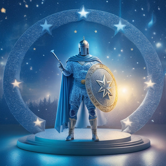 An illustration of a consumer, symbolized by a confident, standing figure, surrounded by shattered fake review speech bubbles, with a shield and sword in hand, amidst a background of authentic, glowing review stars.