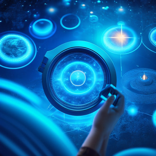 A futuristic, glowing blue download icon surrounded by swirling SEO-related symbols, such as magnifying glasses, targets, and arrows, set against a dark, starry night sky with subtle circuit board patterns.