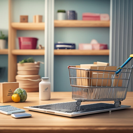 An illustration of a computer screen displaying a seamless digital product download process, with a shopping cart and download icons in the foreground, surrounded by subtle ecommerce-themed elements like tiny shopping bags and Wi-Fi symbols.
