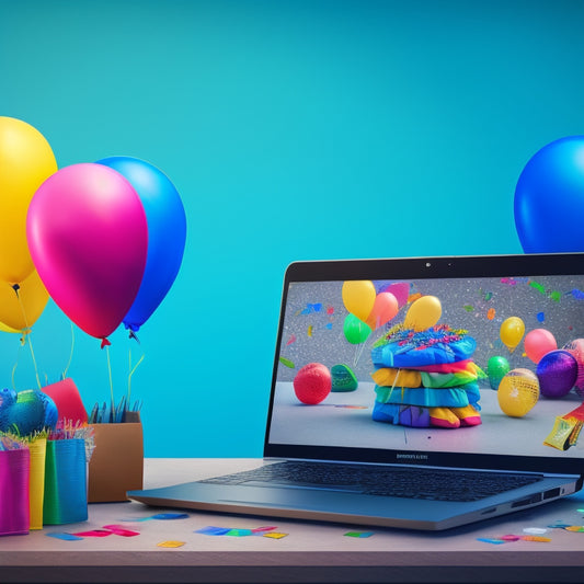 A vibrant, stylized illustration of a laptop screen displaying a variety of colorful digital products, surrounded by confetti, balloons, and smiling faces, with a subtle shopping cart icon in the corner.