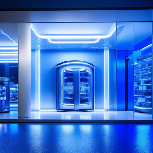 A futuristic retail storefront with sleek, silver doors and a glowing blue LED strip above, transitioning into a digital landscape with swirling pixels and shopping bags floating upwards.