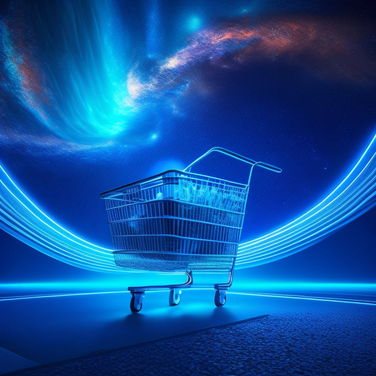 A futuristic, sleek shopping cart bursting out of a traditional cart, surrounded by swirling lines and shapes, with glowing blue circuits and wires underneath, set against a dark, starry night sky.