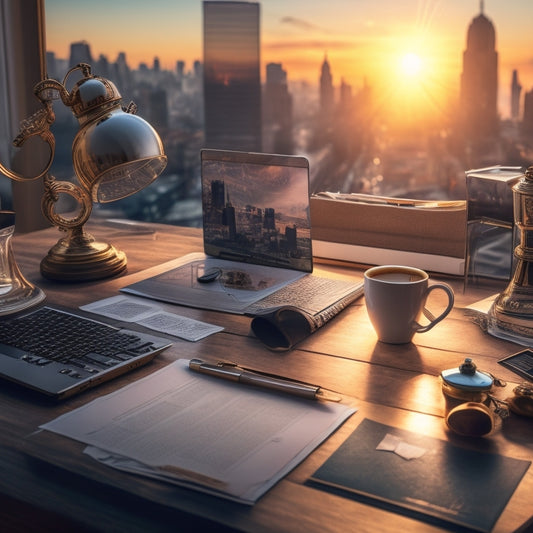 A cluttered desk with scattered papers, empty coffee cups, and a laptop with multiple tabs open, surrounded by clocks and watches of different shapes and sizes, with a subtle background of a cityscape at sunset.