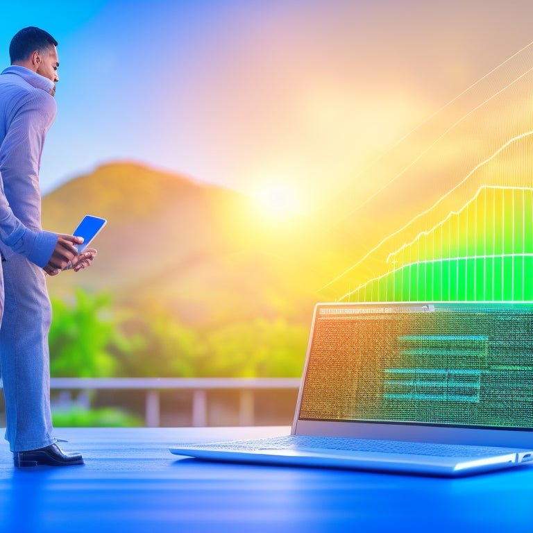 An illustration of a merchant standing in front of a laptop, surrounded by upward-trending graphs and symbols of online success, such as shopping carts and rising arrows, set against a bright, sunny background.