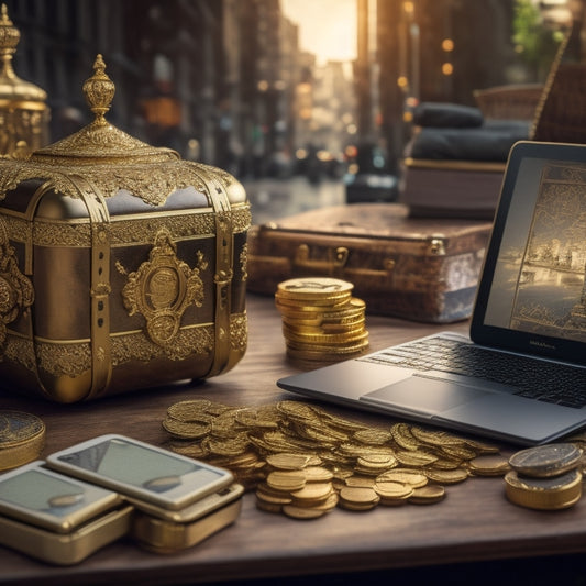 A treasure chest overflowing with gold coins, surrounded by laptops, tablets, and smartphones, with a subtle cityscape or coffee shop background, symbolizing online entrepreneurial success.