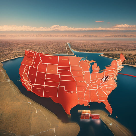 A stylized map of the US and Canada, with a subtle grid pattern in the background, featuring a bold, red shipping route line connecting major cities, surrounded by scattered packages and flags.