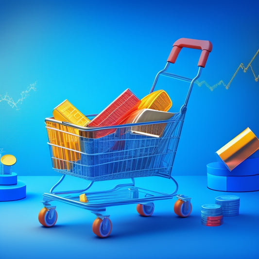 A stylized illustration of a shopping cart overflowing with coins and products, surrounded by rising arrows and graphs, set against a bright, gradient blue background with subtle commerce icons.