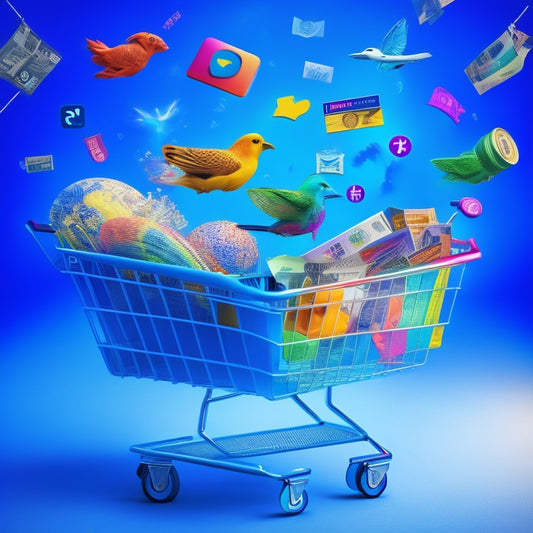 A vibrant, swirling vortex of colorful social media icons (Facebook, Twitter, Instagram, etc.) merging into a shopping cart, surrounded by flying products and currency symbols.