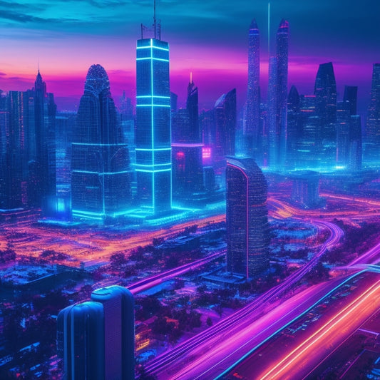 A futuristic, high-tech cityscape at dusk with sleek skyscrapers, neon lights, and holographic advertisements, featuring a prominent, glowing merchant services hub with pulsing circuits and orbiting digital coins.