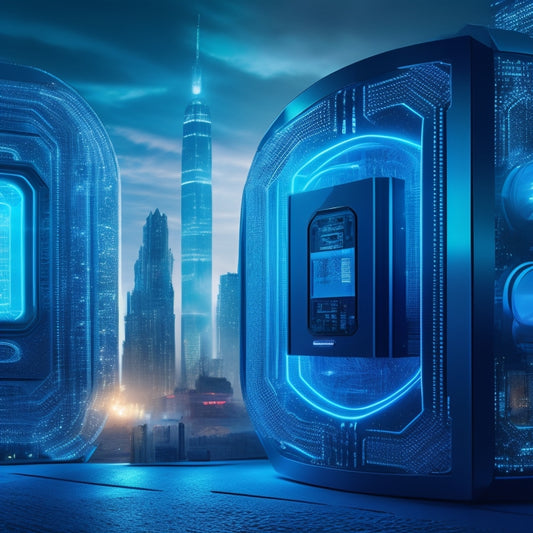 A futuristic, high-contrast illustration of a fortified digital vault with glowing blue circuits, surrounded by shields and locks, amidst a backdrop of cityscapes and network connections.