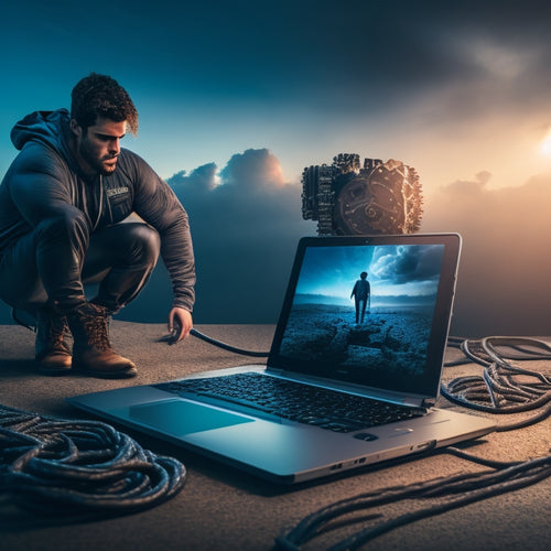 An illustration of a person standing in front of a laptop, surrounded by obstacles like broken gears, tangled ropes, and dark clouds, with a bright light shining through, symbolizing overcoming online selling hurdles.