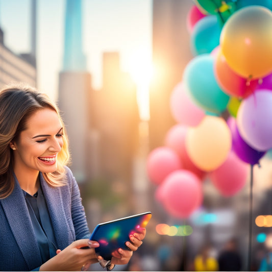 An illustration of a smiling customer holding a tablet with a rising graph on the screen, surrounded by confetti and balloons, with a subtle cityscape in the background.
