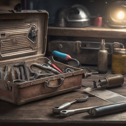 A mechanic's toolbox with a worn service manual lying open on top, surrounded by scattered wrenches and screwdrivers, with a faint warranty certificate peeking out from beneath the manual.