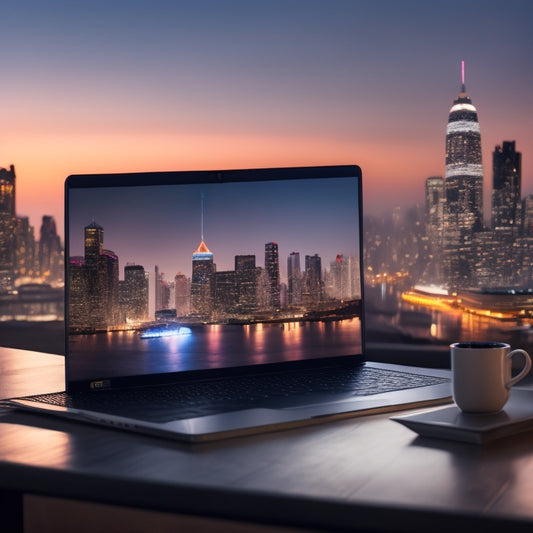 A futuristic e-commerce website on a sleek, silver laptop screen, set against a blurred cityscape at dusk, with neon lights reflecting off the laptop's surface.