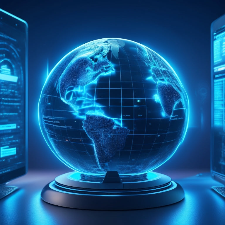 A futuristic WordPress dashboard with glowing blue circuits and wires, a spinning globe in the center, and various e-commerce icons (shopping cart, money, etc.) orbiting around it.
