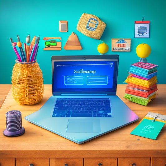 A stylized illustration of a laptop with an ecommerce website open, surrounded by icons of various online learning tools, including a virtual chalkboard, a graduation cap, and a shopping cart, all connected by swirling lines and gears.